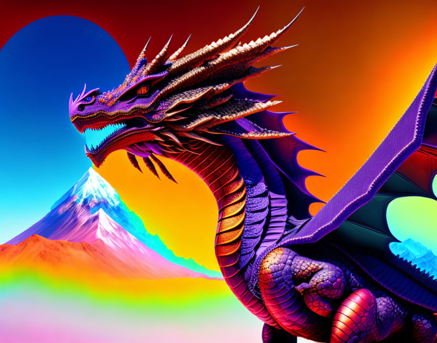 Colorful Dragon Illustration with Sun and Mount Fuji Background