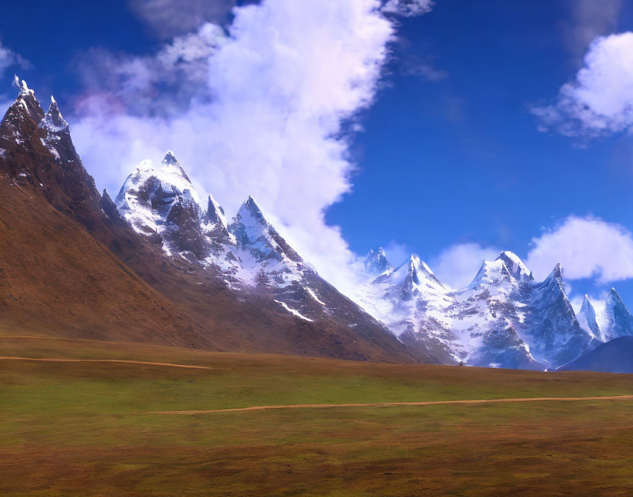 Snow-Capped Mountain Peaks Above Lush Green Plain