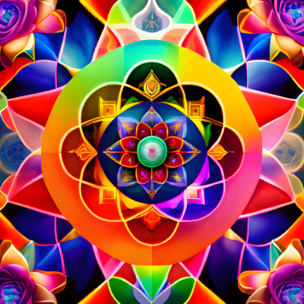 Colorful Mandala Artwork with Geometric Shapes & Mirrored Petals