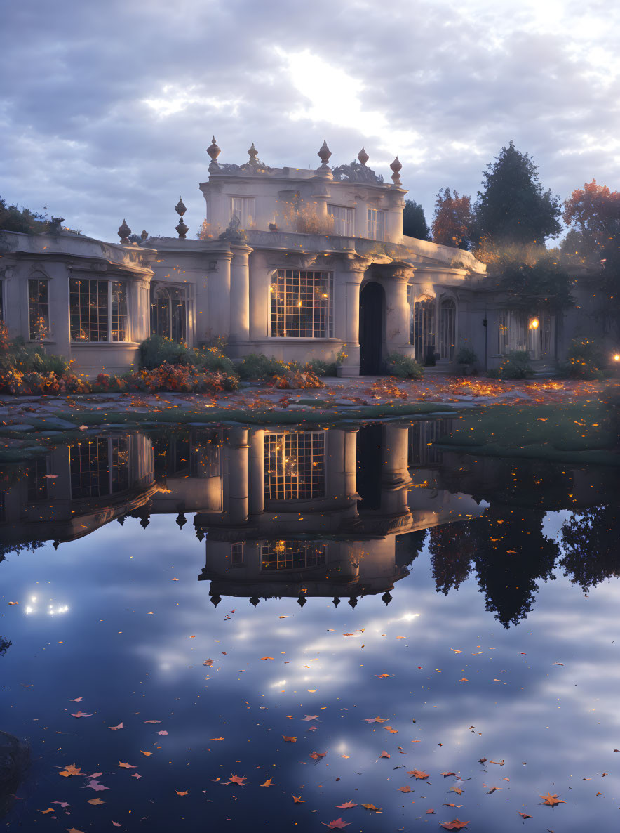 Neoclassical mansion reflected in pond at dusk