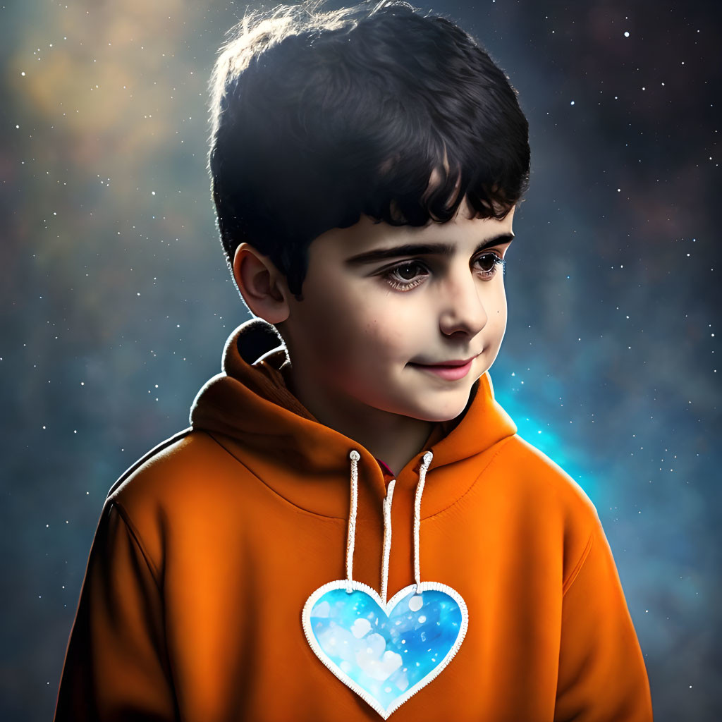 Dark-Haired Child in Orange Hoodie with Heart Design on Starry Background