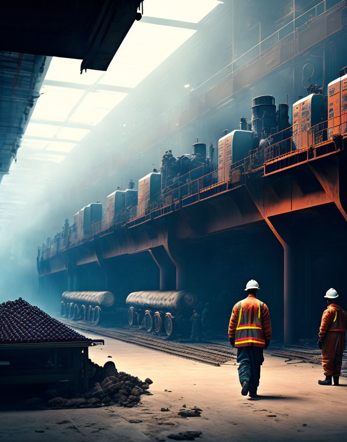 Industrial setting with workers in hard hats and reflective vests walking near heavy transport vehicle.
