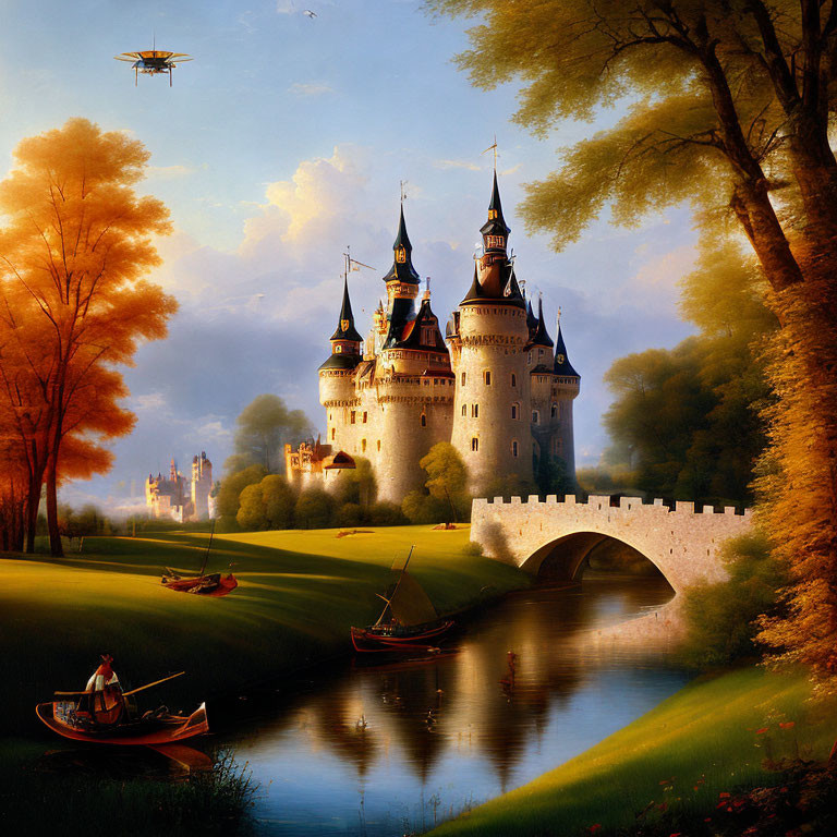 Majestic castle with spires by river, stone bridge, boats, autumn trees, vintage airplane