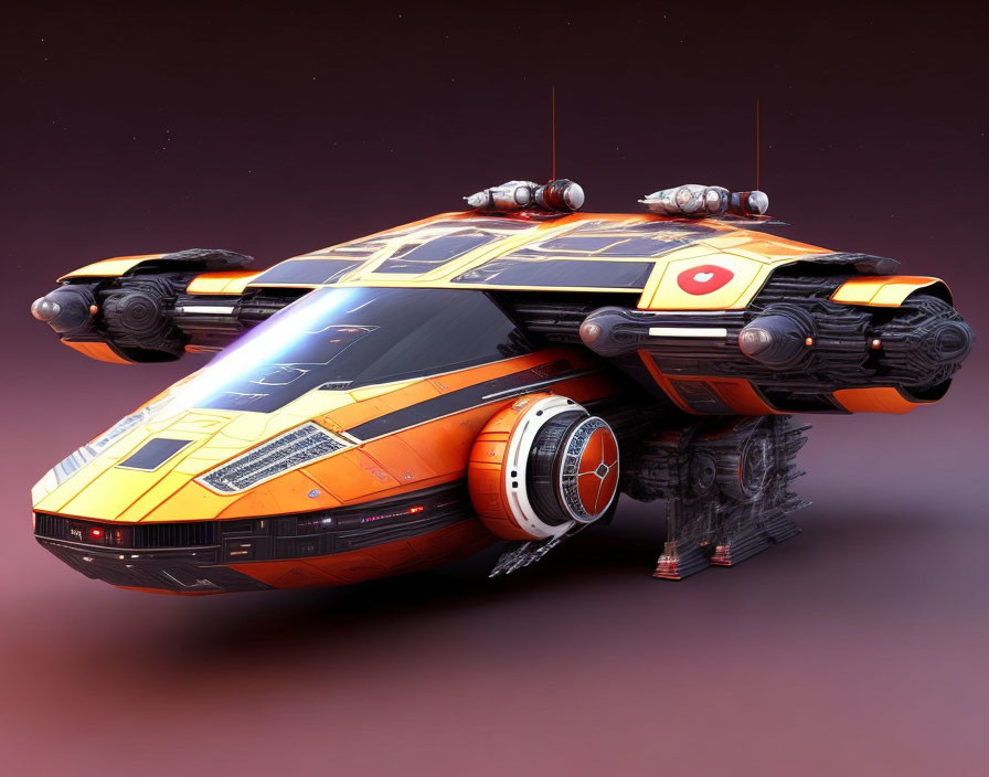 Futuristic orange and black spaceship with circular side engines on purple background