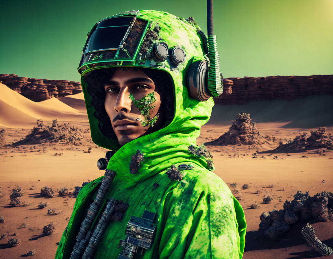 Futuristic green spacesuit figure in desert landscape