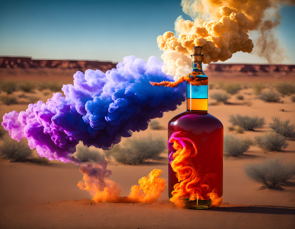 Surreal desert scene with bottle emitting colorful smoke plumes