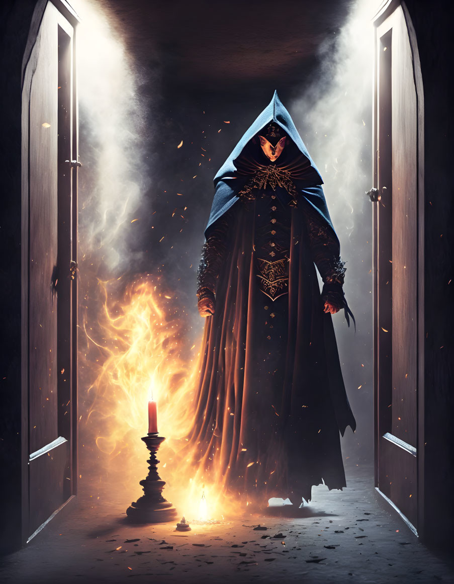 Mysterious Figure in Dark Robe Between Open Doors with Fire and Candle