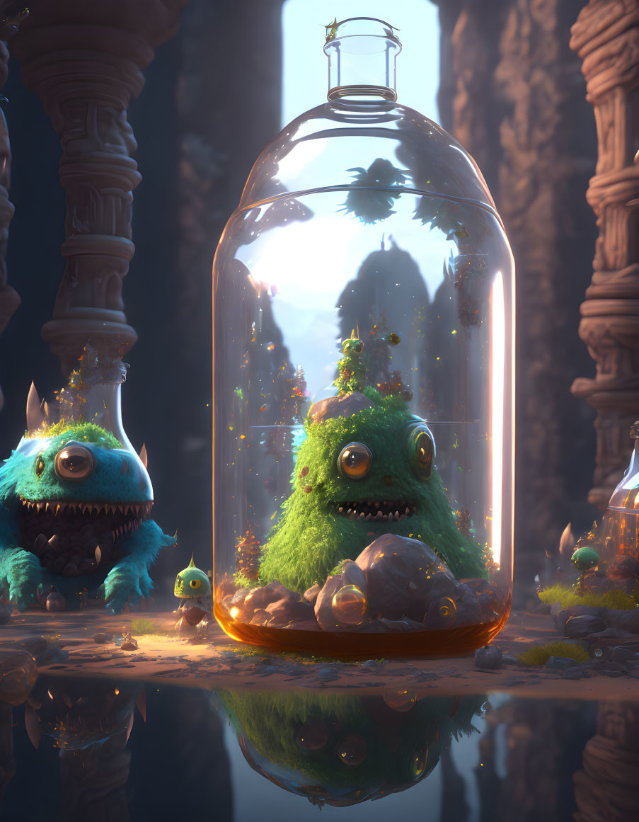 Whimsical digital artwork with fluffy monster creatures and glass jar scene