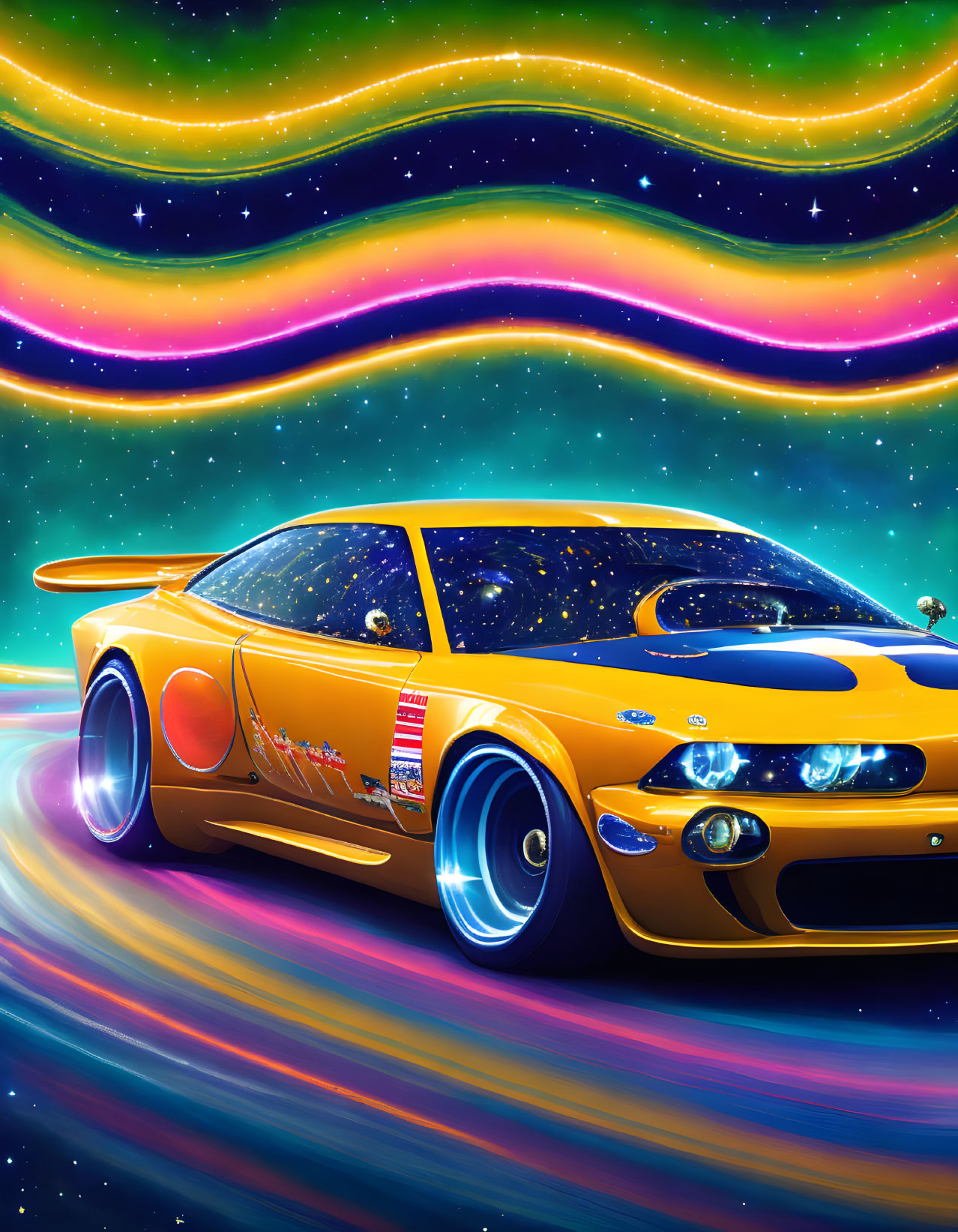 Colorful illustration of yellow sports car with neon lights racing under starry sky