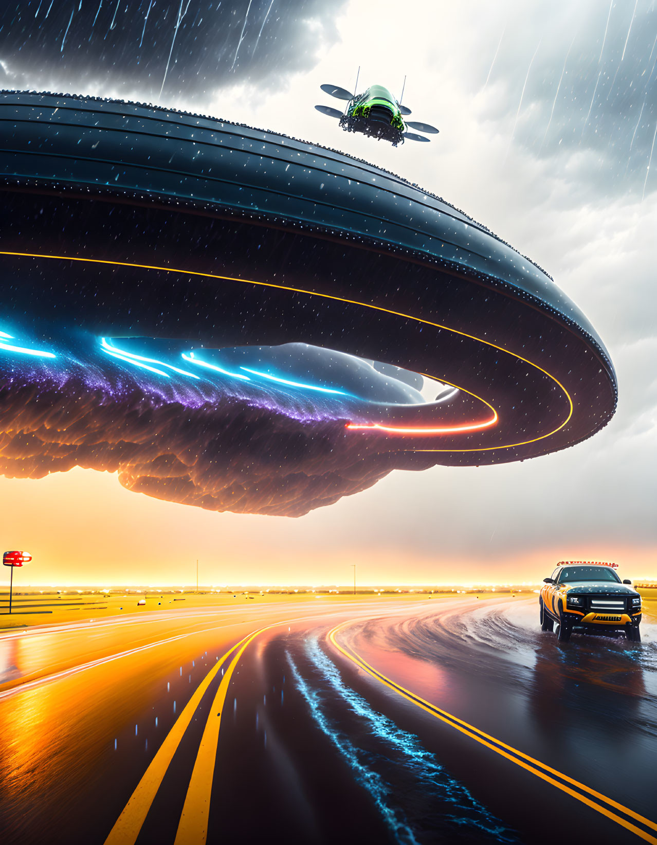 Gigantic alien spaceship over wet highway with blue energy trail at dusk