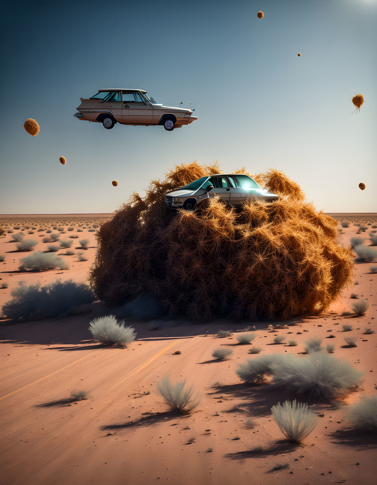 Vintage cars caught in giant tumbleweed under clear sky