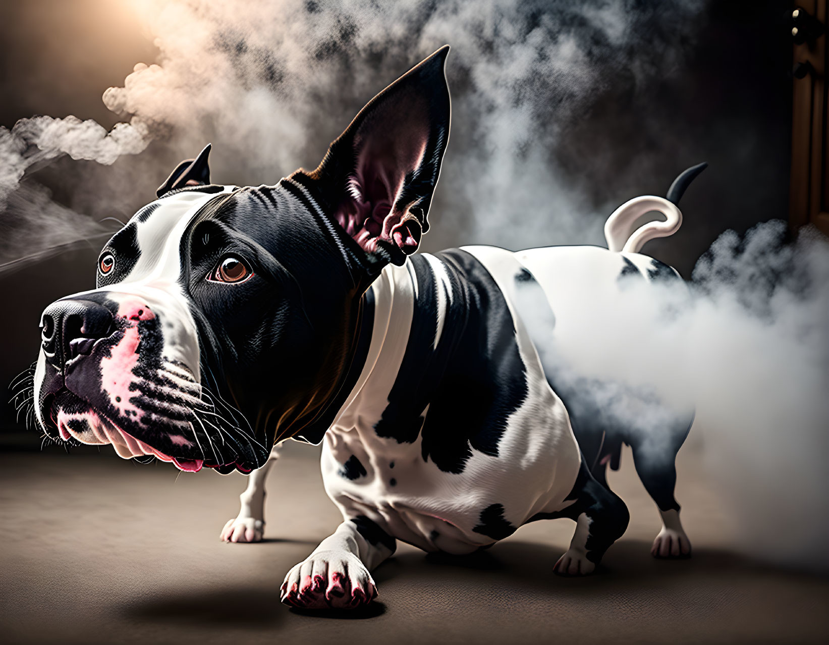 Muscular black and white dog in misty setting with glossy coat