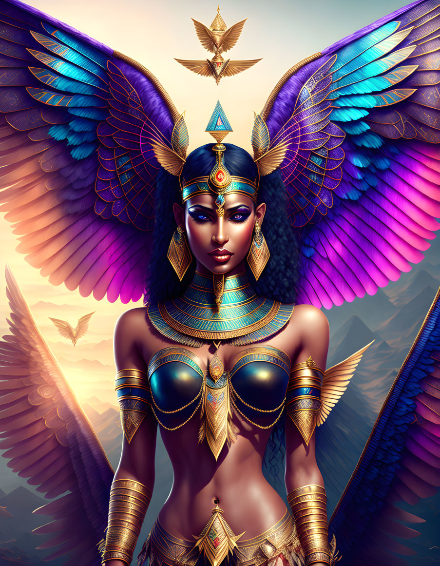 Mythical being with Egyptian headdress and colorful wings in sunset sky