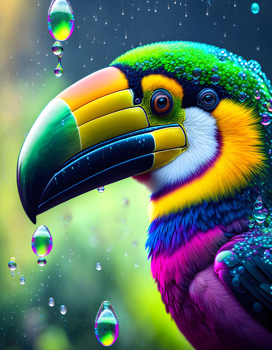 Colorful Toucan with Water Droplets on Feathers in Soft-focus Background