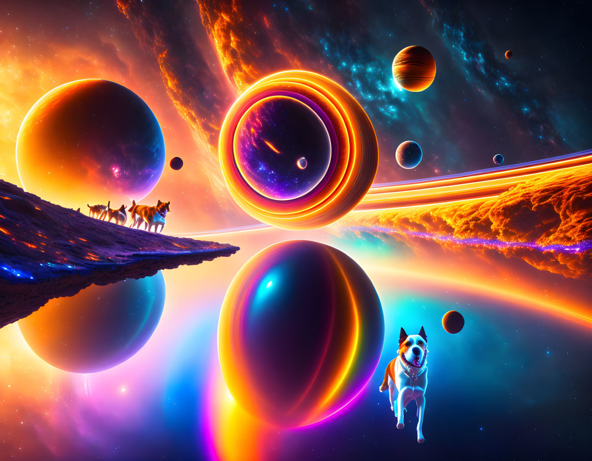 Colorful cosmic scene with planets, rings, wolves, and a dog in a spacesuit