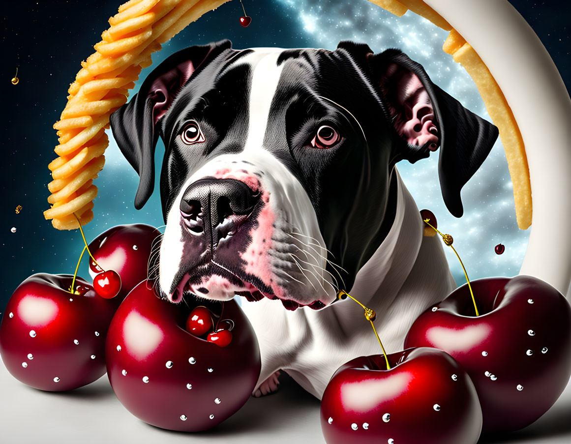 Surreal black and white dog with cherries and swirling noodles in starry scene