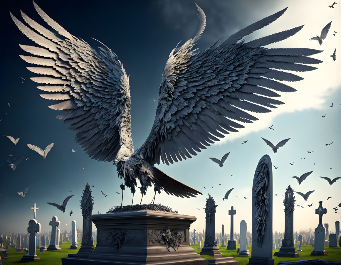 Majestic feathered winged creature on cemetery pedestal