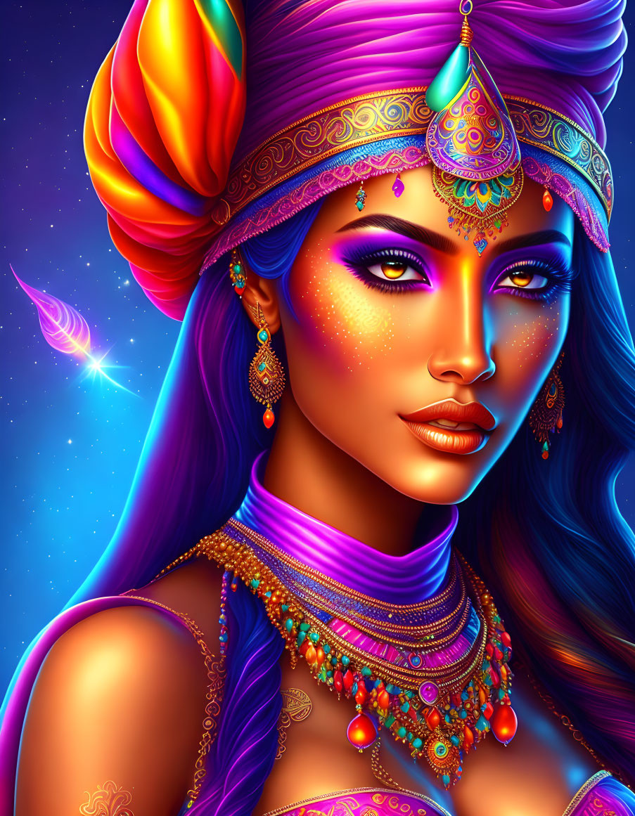 Colorful illustration of woman with glowing skin and turban against starry backdrop