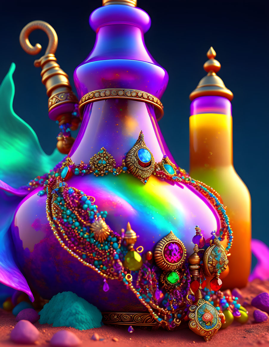 Colorful Jeweled Genie Lamp with Ornate Designs in Mystical Setting