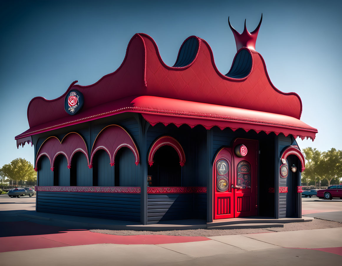 Whimsical building with ornate crown-like roofing and circular windows