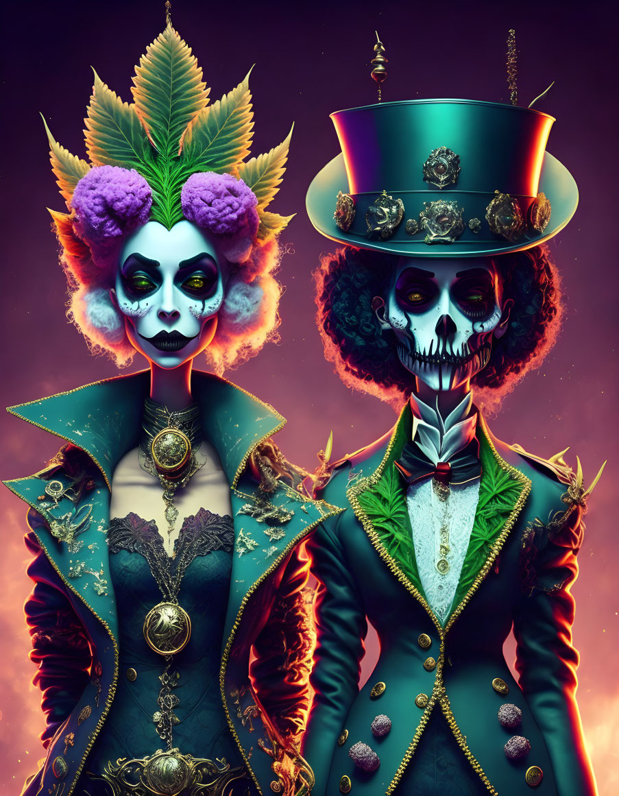 Dia de los Muertos-inspired figures in skull makeup and vibrant costumes against purple backdrop