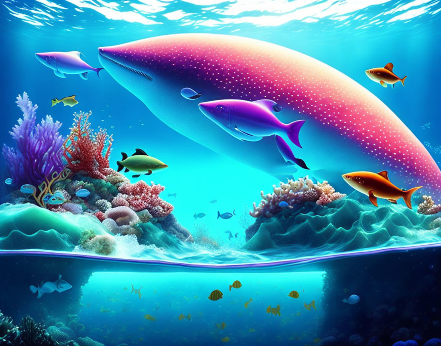 Colorful underwater scene with pink whale, fish, and coral reef in blue waters