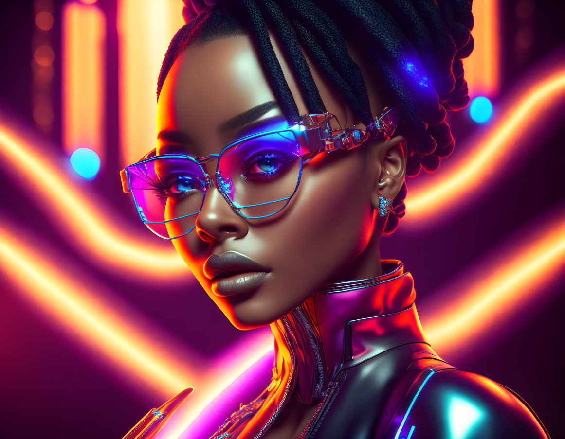 Stylized woman in blue glasses on neon-lit background