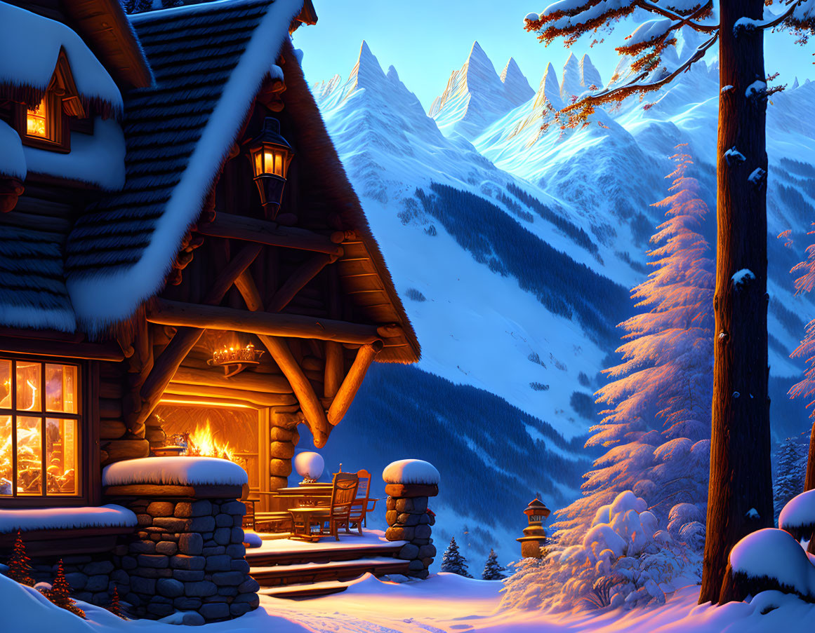 Snow-covered cabin in twilight mountain landscape