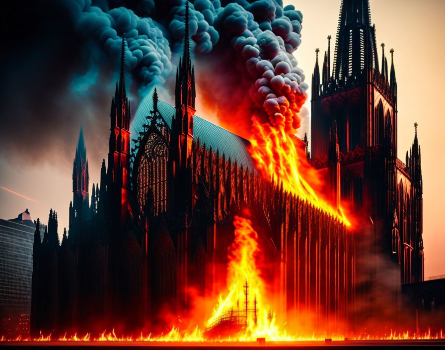 Gothic Cathedral Spires Engulfed in Flames