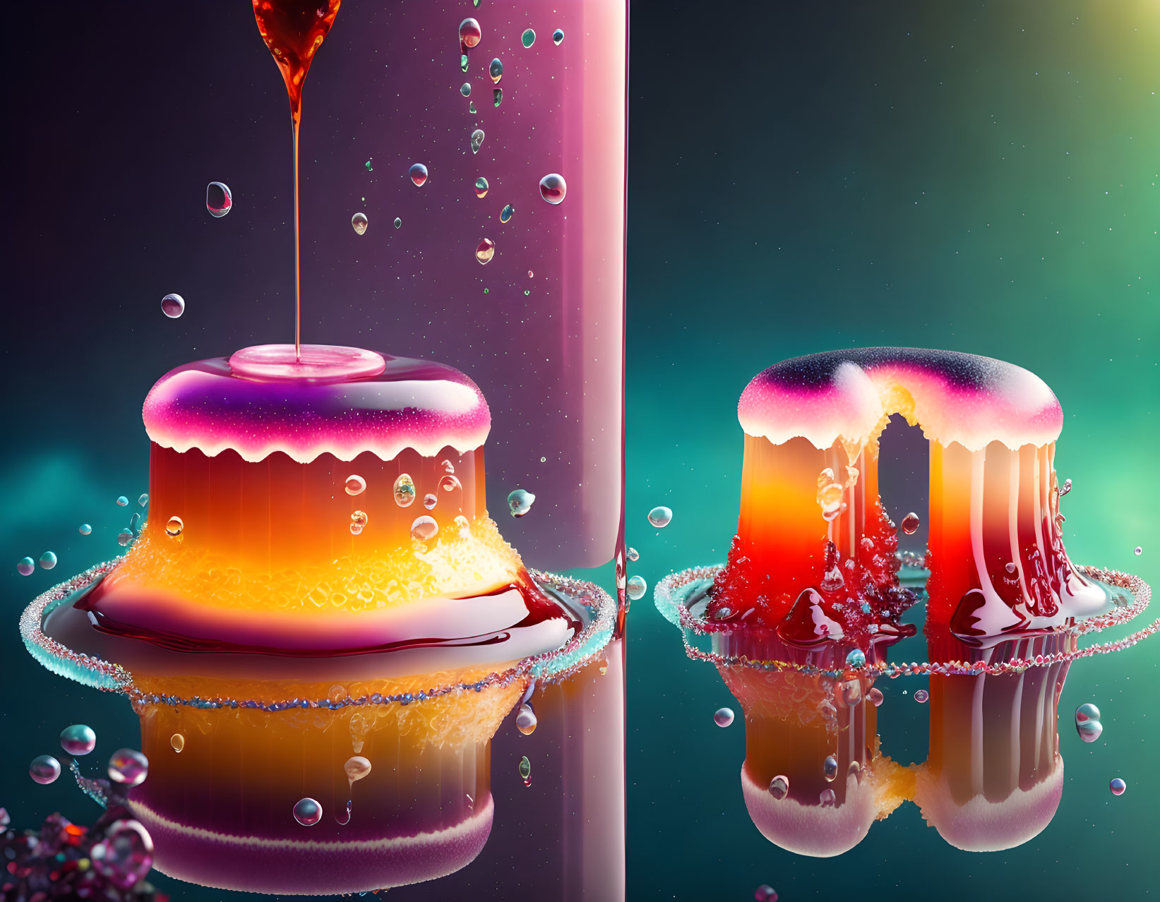 Vibrant jelly desserts with liquid and bubbles on reflective surface