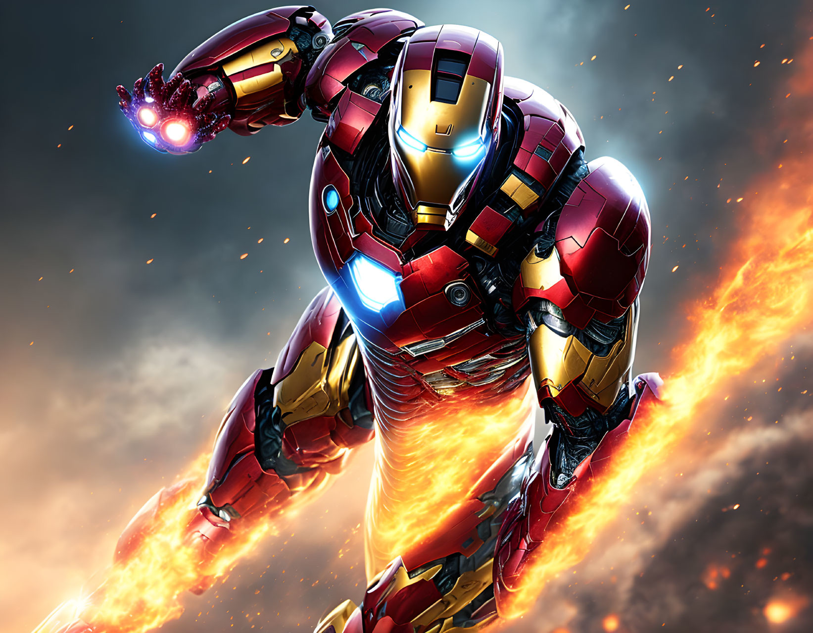 Colorful Iron Man illustration in flight with glowing red and gold suit.