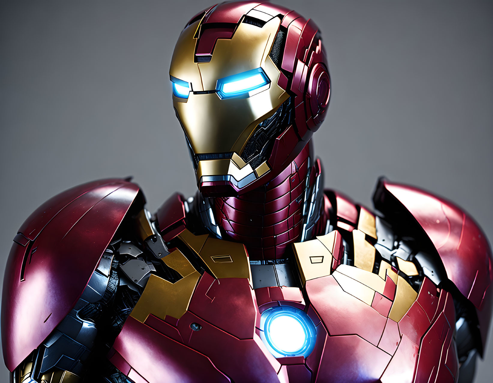 Detailed Iron Man helmet and chest armor with glowing arc reactor in reflective gold and red.