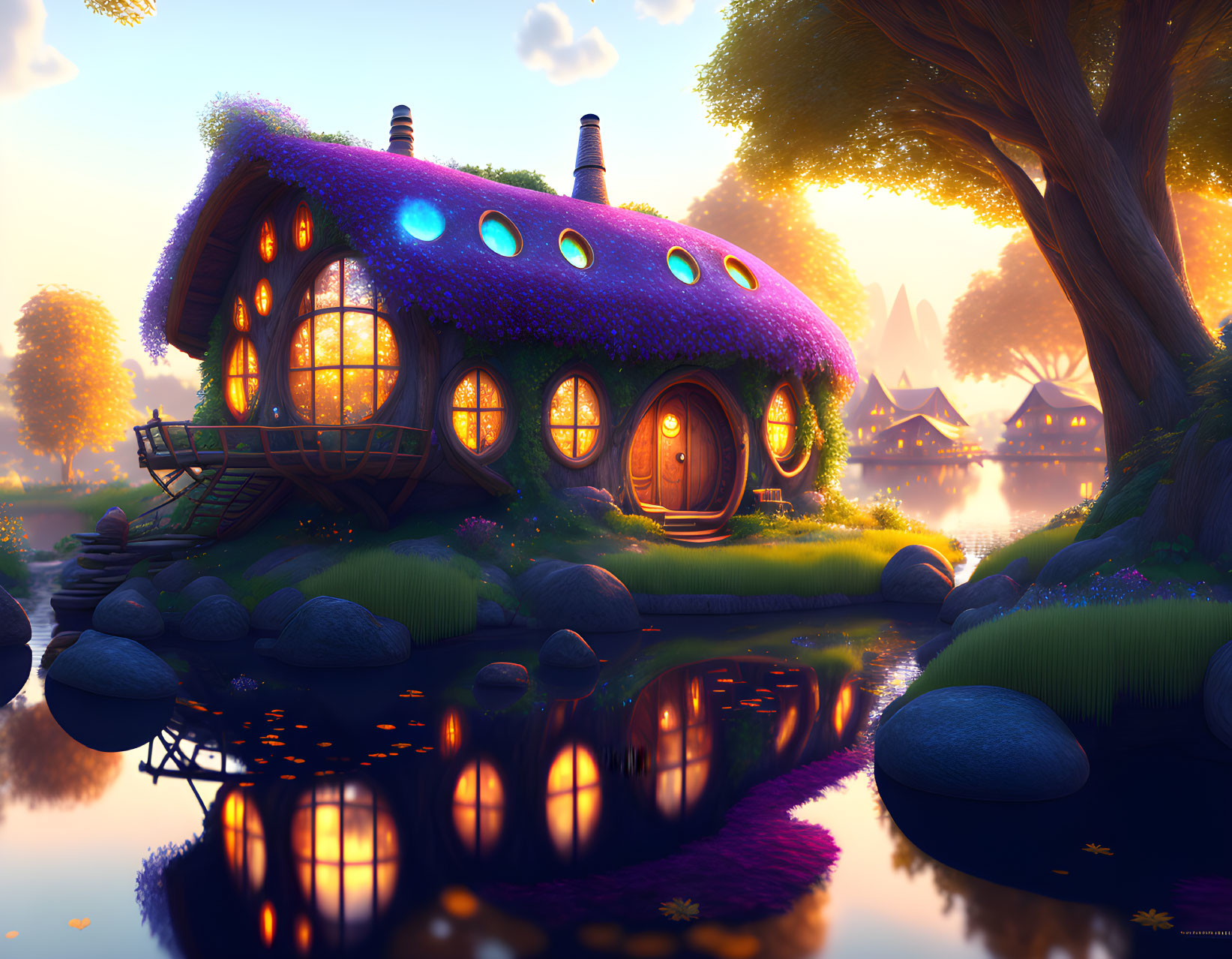 Enchanting mushroom house at sunset by serene lake