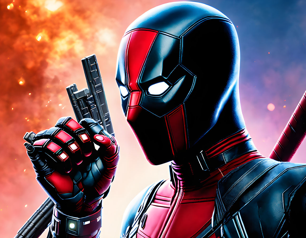 Detailed close-up of superhero in red and black suit with gun, metallic helmet, against fiery cosmic backdrop