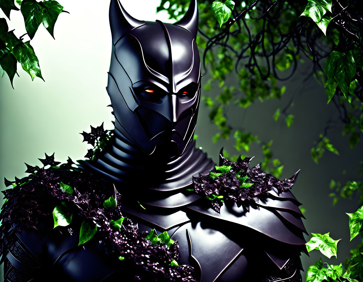 Detailed Black Suit with Bat-Like Mask Standing Among Green Foliage