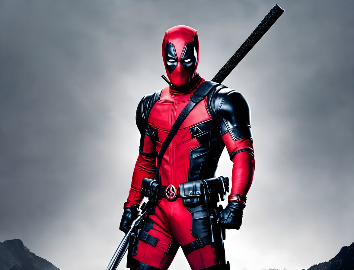 Superhero in Red and Black Suit with Swords in Stormy Sky