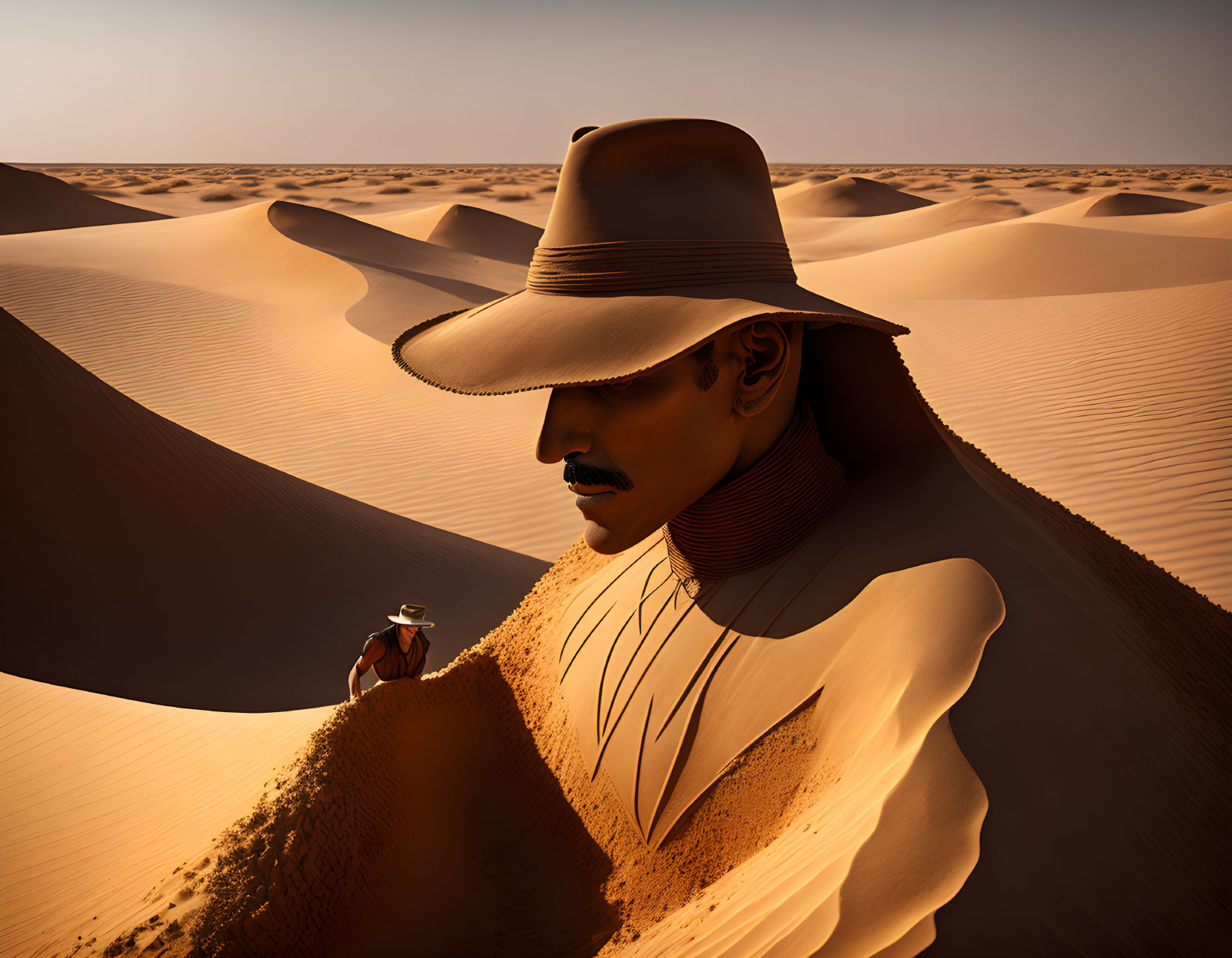 Surreal illustration: giant figure merges with desert dunes