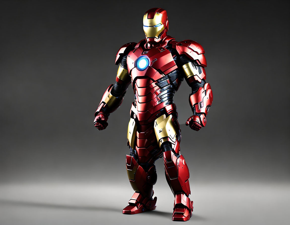 Red and Gold Iron Man Suit with Glowing Arc Reactor on Grey Background