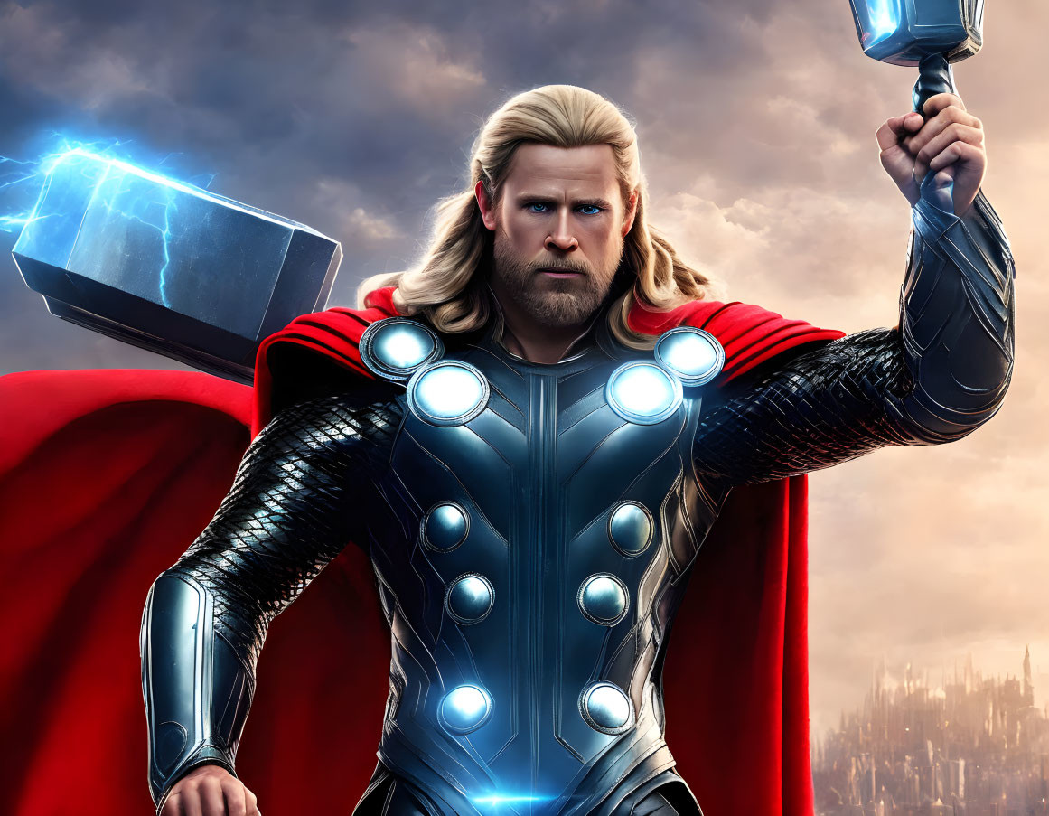 Blond superhero in red cape and armor with hammer under stormy sky