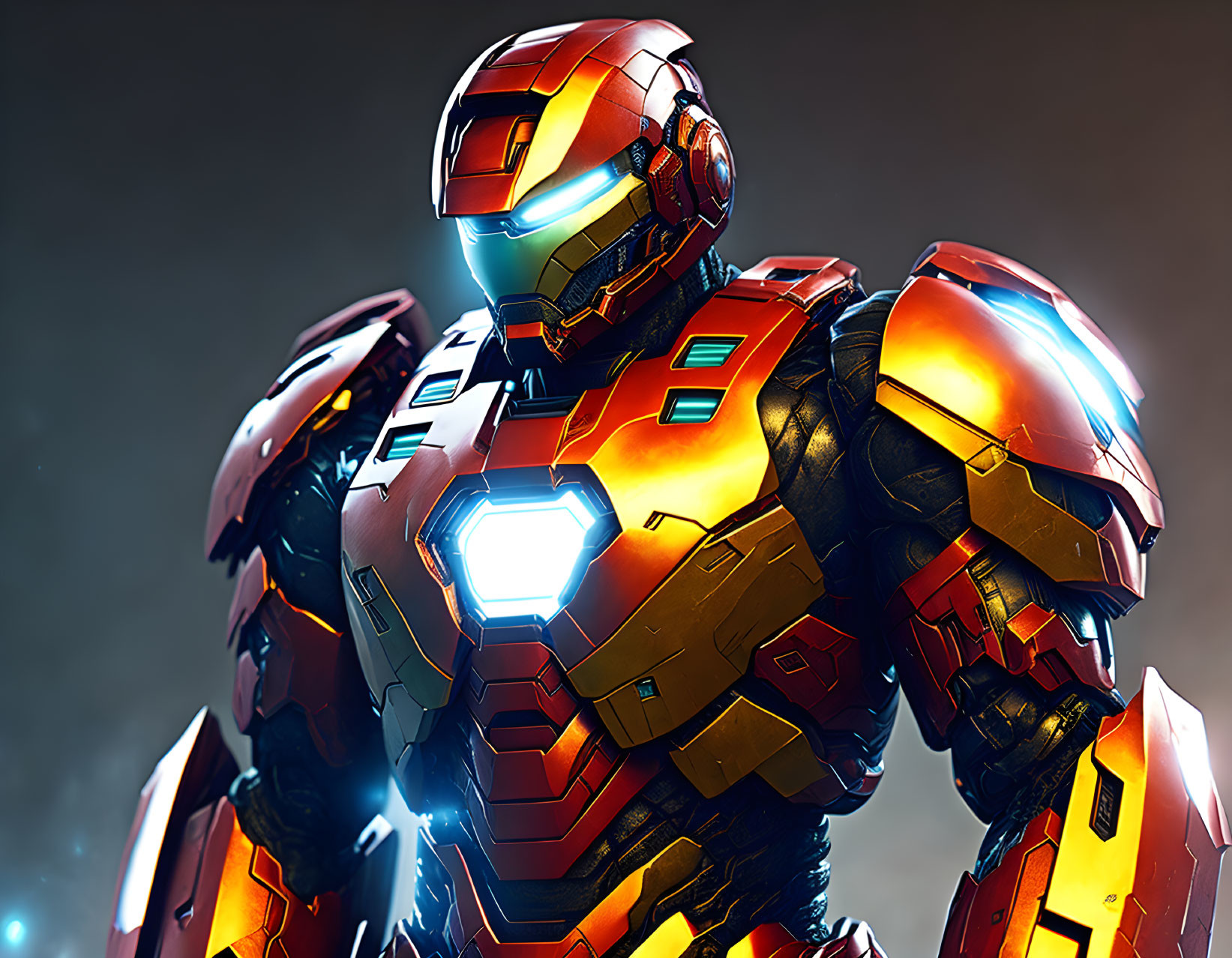 Detailed Iron Man illustration in red and gold suit against moody backdrop