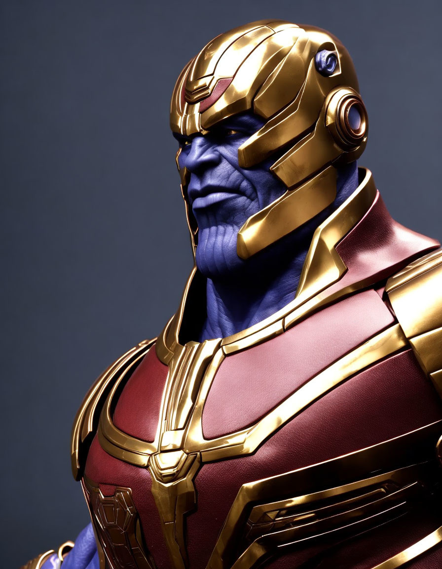 Detailed Image: Purple-Faced Character in Gold-and-Red Armor