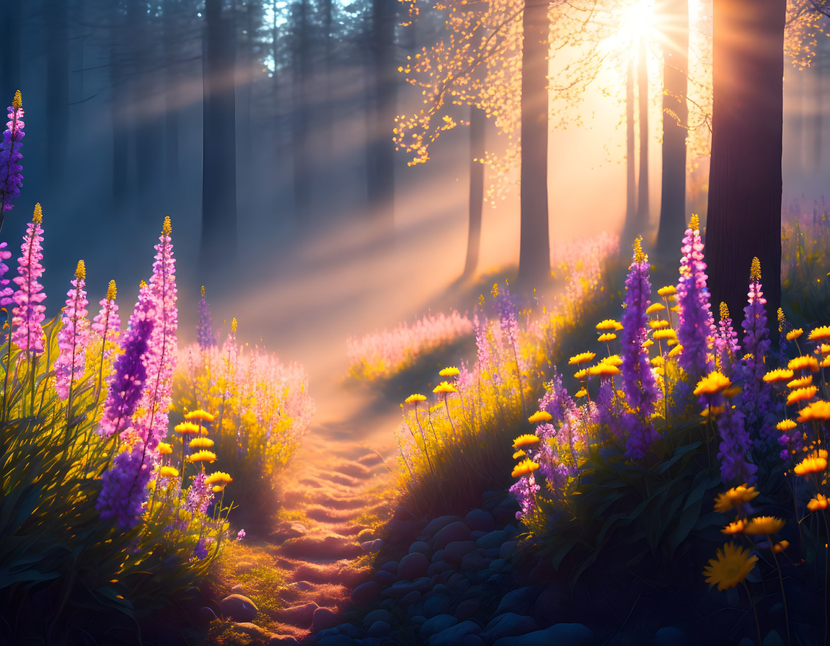 Misty forest path with purple flowers and sunbeams