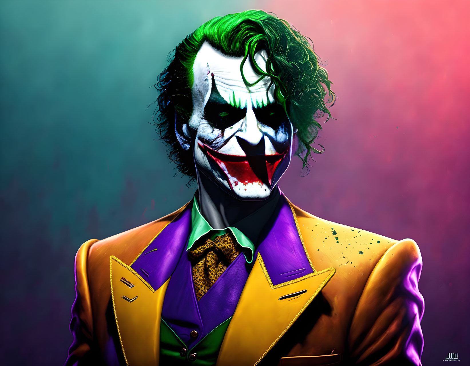 Colorful digital depiction of Joker character in green, white, and purple attire