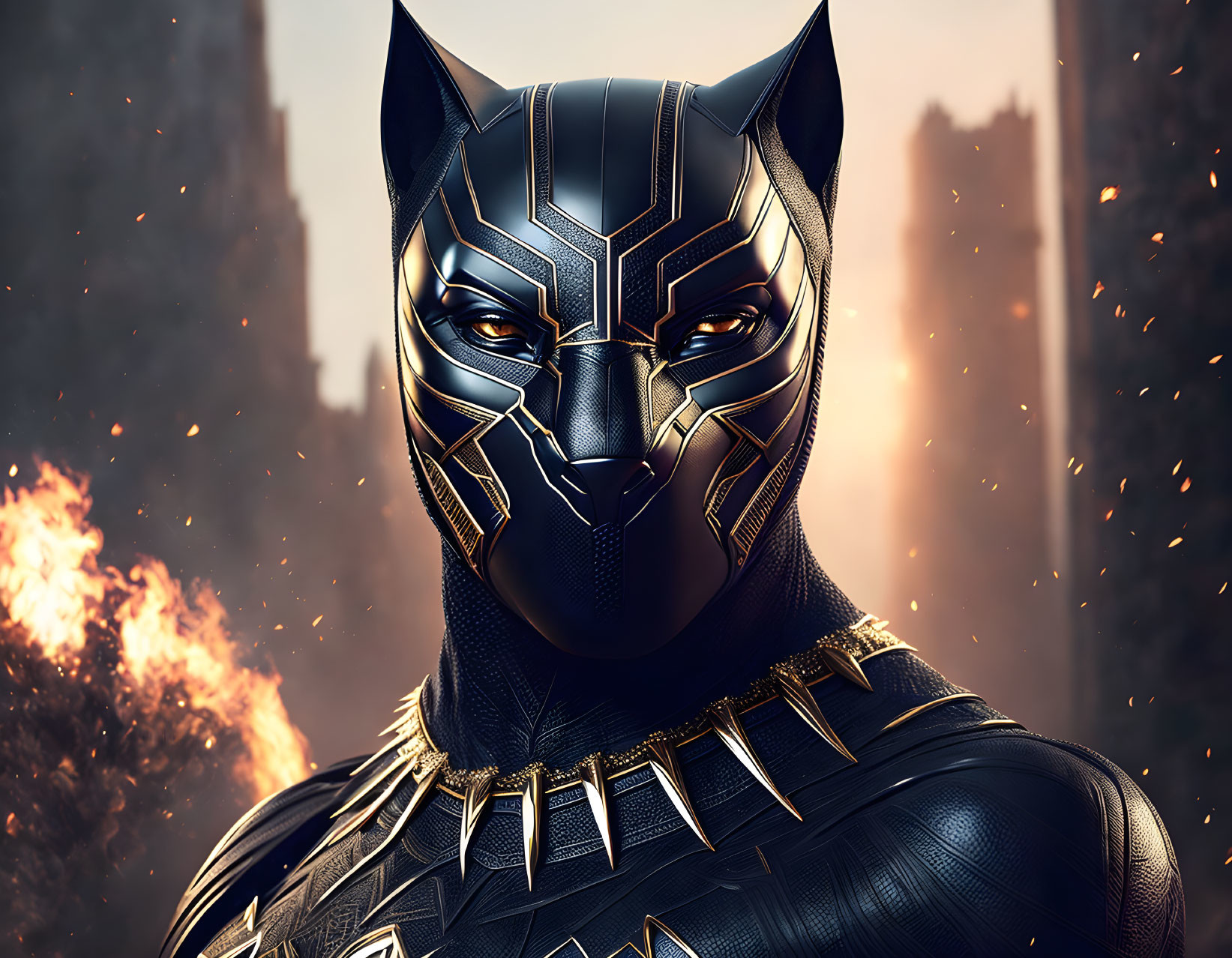 Detailed Black Panther superhero suit and mask close-up against fiery backdrop