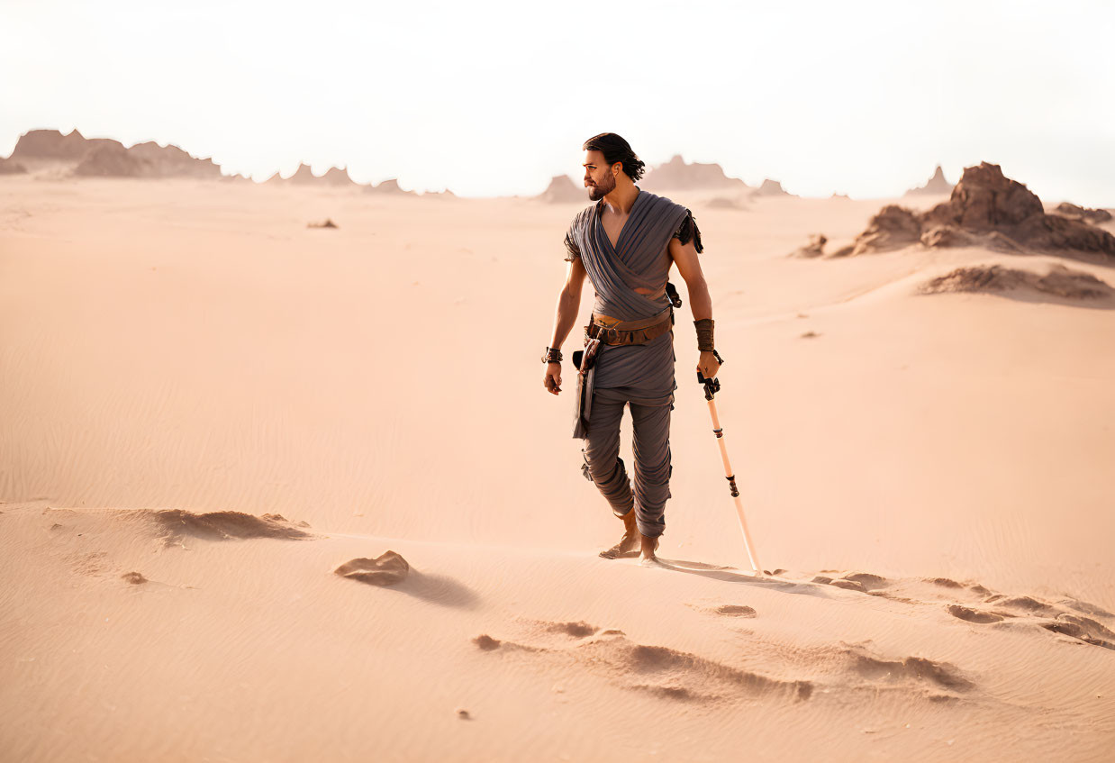 Man with walking stick crosses desert with rock formations under clear sky