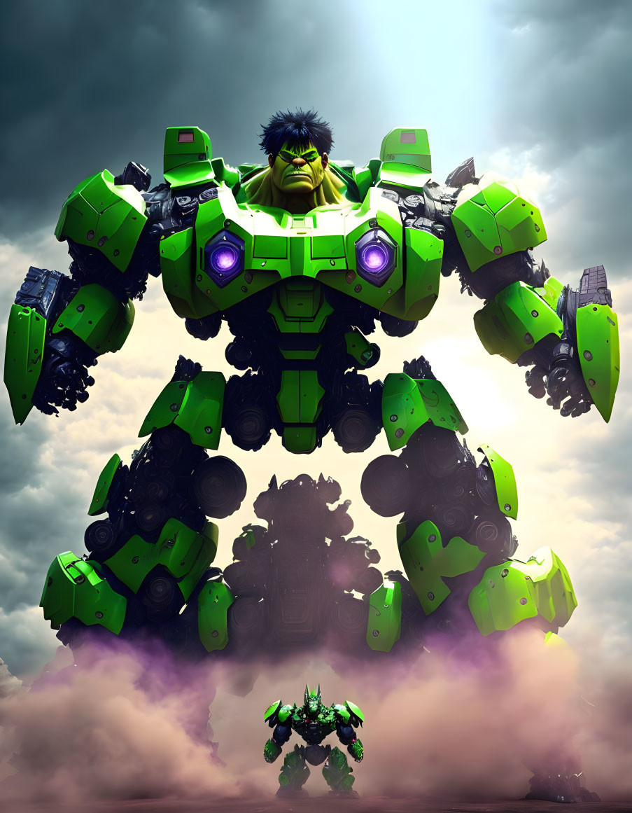 Green Hulk-like robot towering over smaller figure in dramatic sky