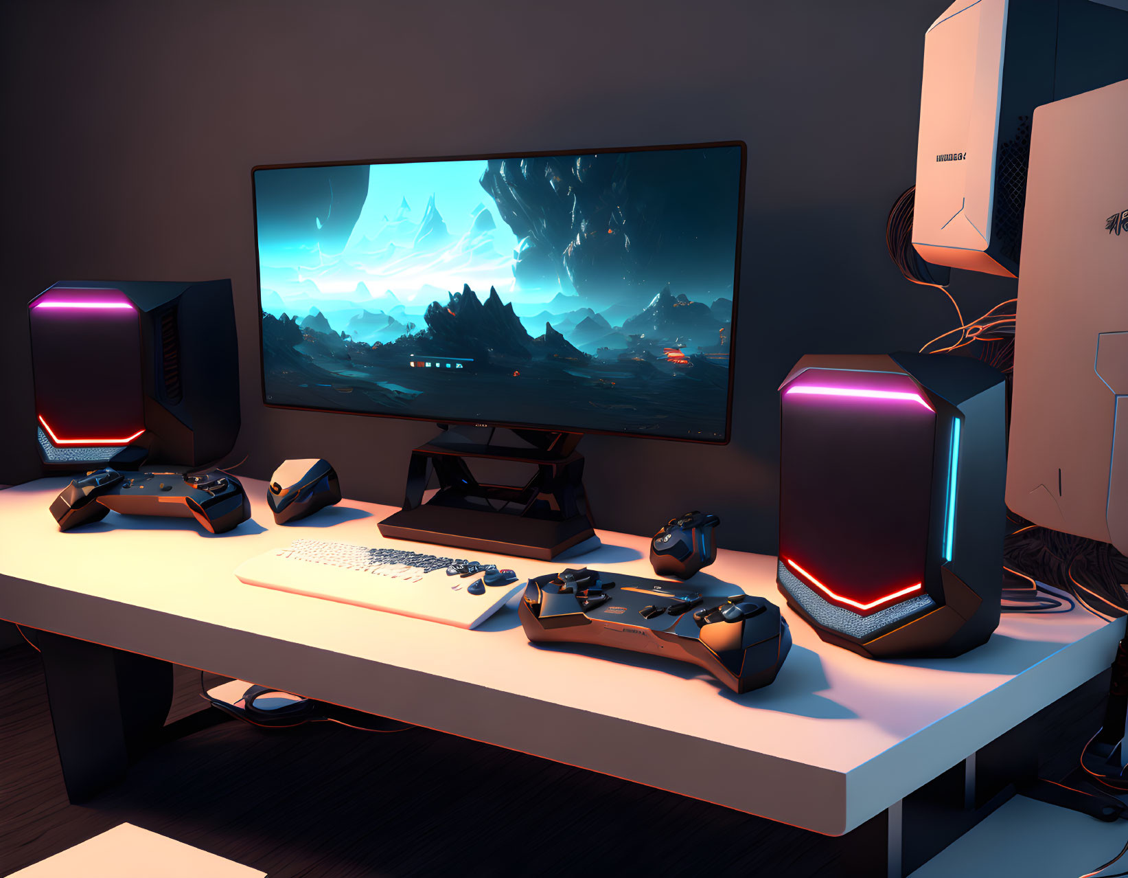 Curved Monitor, RGB PCs, Keyboard, Mouse, Controllers on Sleek Desk