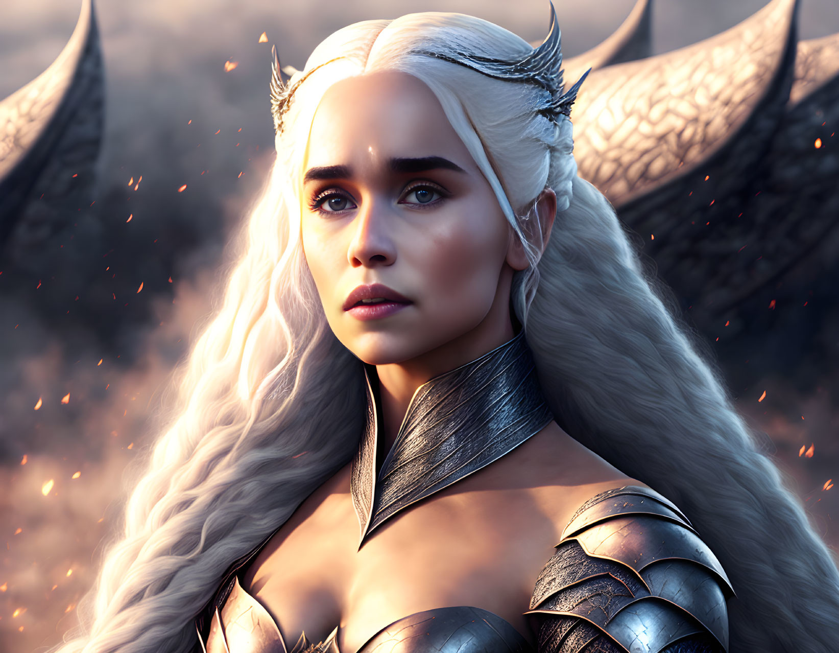 Digital artwork featuring woman in white-blond hair, dark metallic armor & dragon crown