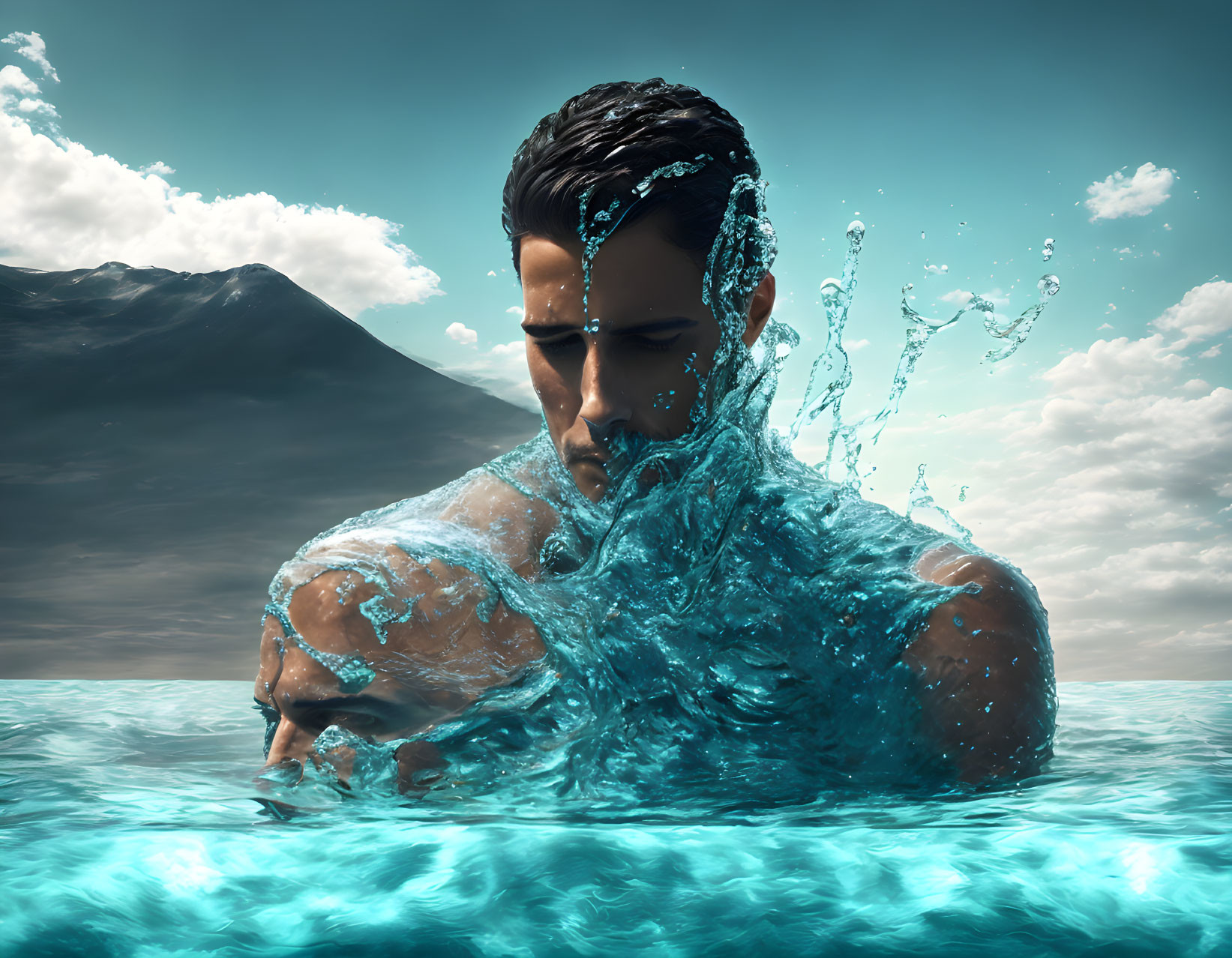 Man with Water Integrated in Body Against Mountainous Backdrop - Unity with Nature Concept