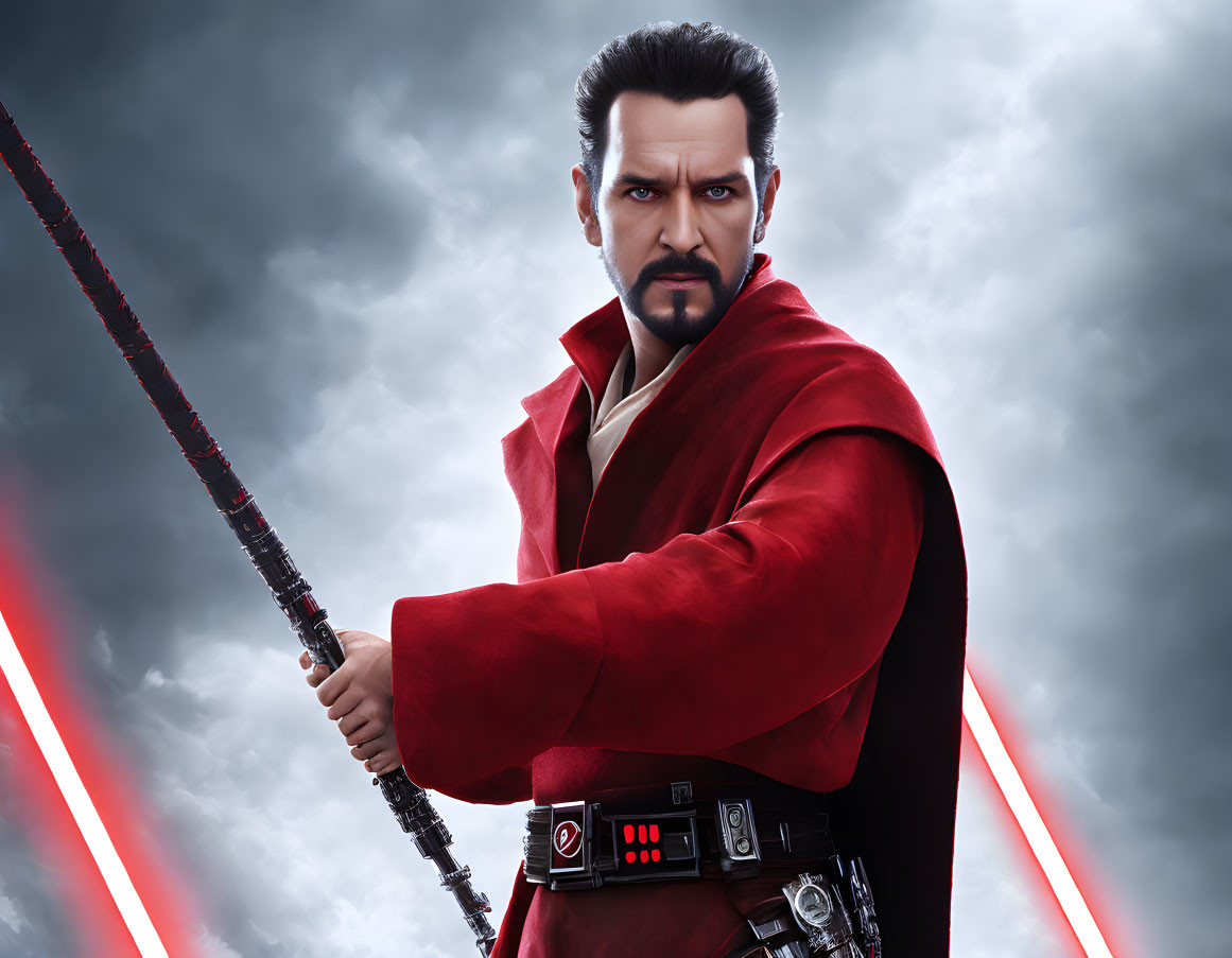 Digital artwork of stern male figure in red cloak with double-ended lightsaber